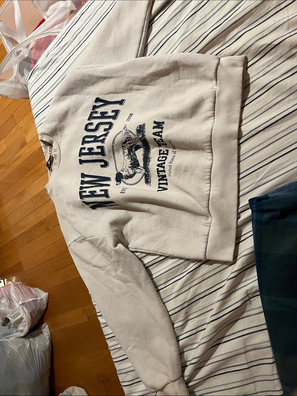 stradivarius Cream Crewneck Sweatshirt with Navy Graphic